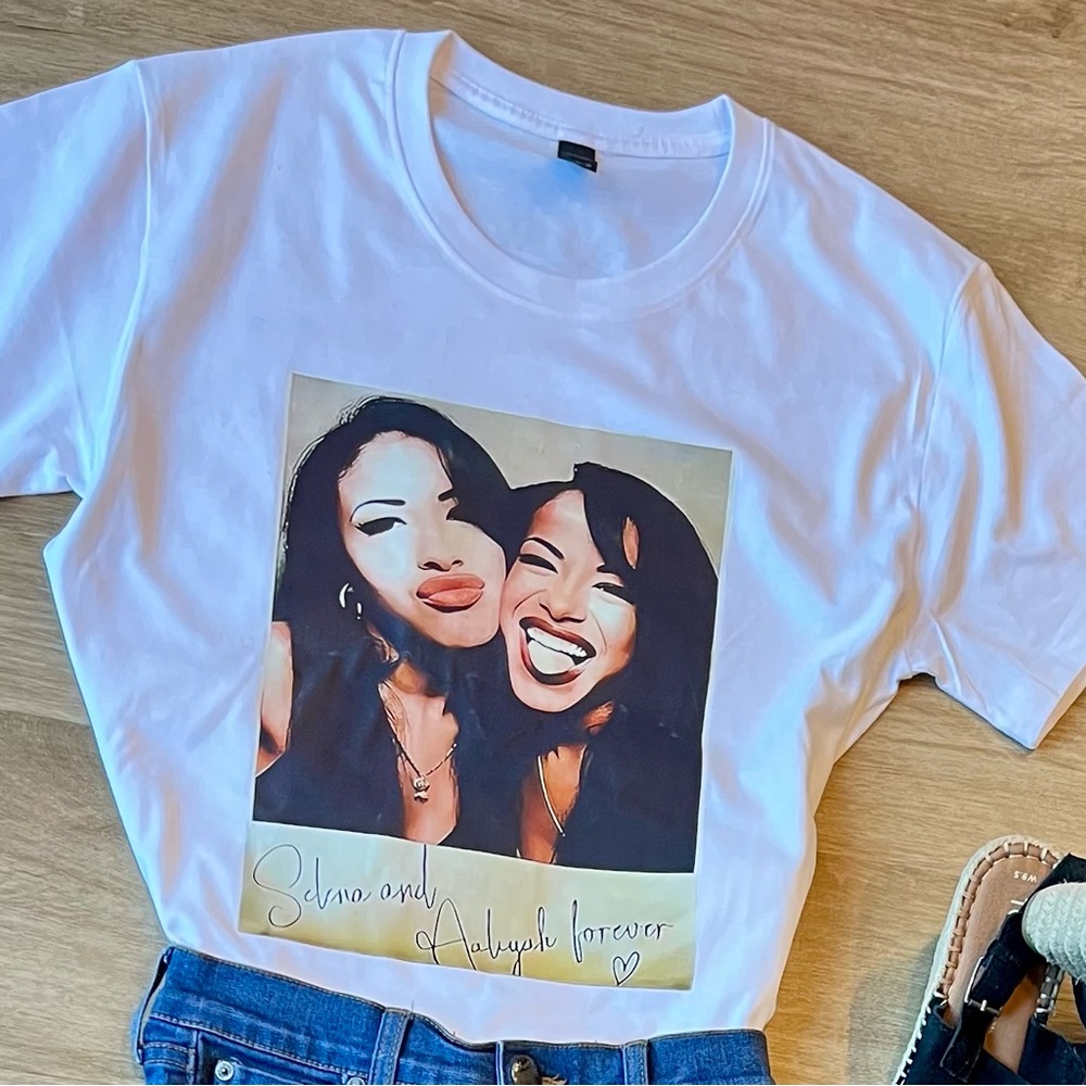 Selena & Aaliyah Together Forever, XL, White, 100% Ring Spun Cotton. Unisex